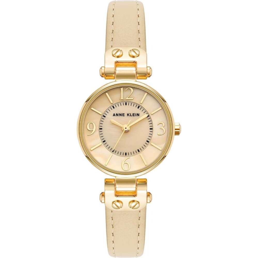 Women's Cream/Gold Domed Mineral Crystal Lens Leather Strap Buckle Closure Watch